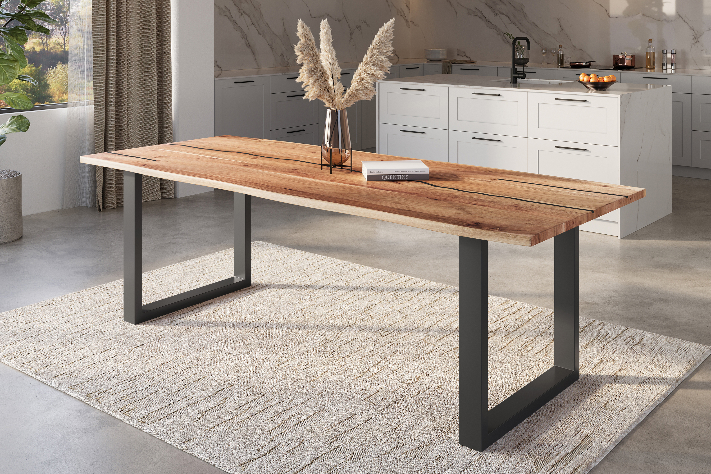 Baumkantentisch POLLY / naturfarben / 300x100 / U-Gestell Schwarz