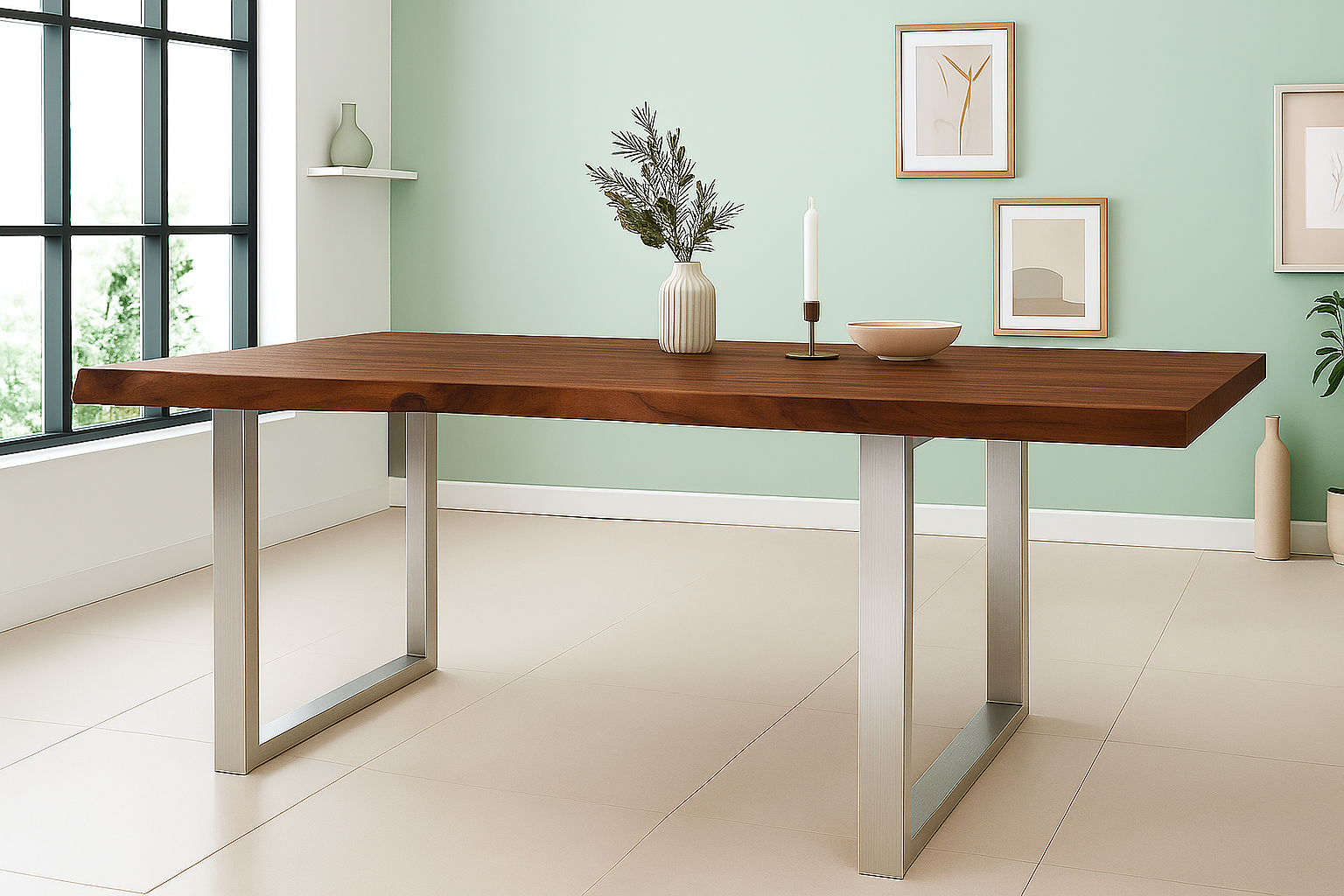 Baumkantentisch CALINDA / nussbaumfarben / 300x120 / U-Gestell Silber