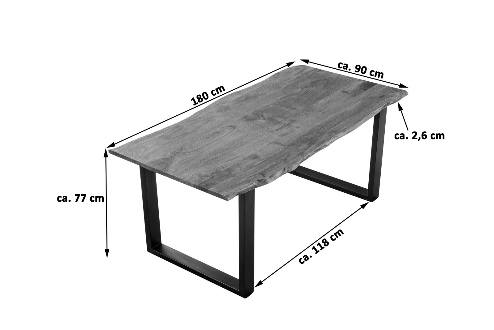 Baumkantentisch LAURINA 180 / nougatfarben / 180x90 / U-Gestell Schwarz