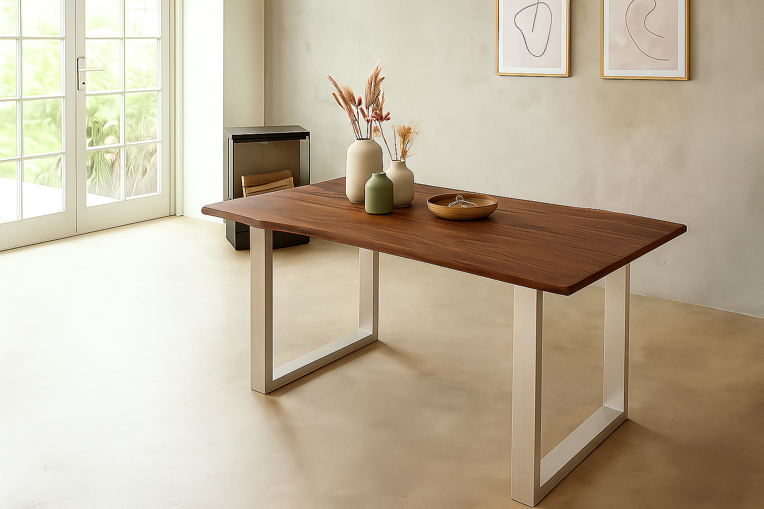 Baumkantentisch QUINTUS / nussbaumfarben / 220x100 / U-Gestell Silber