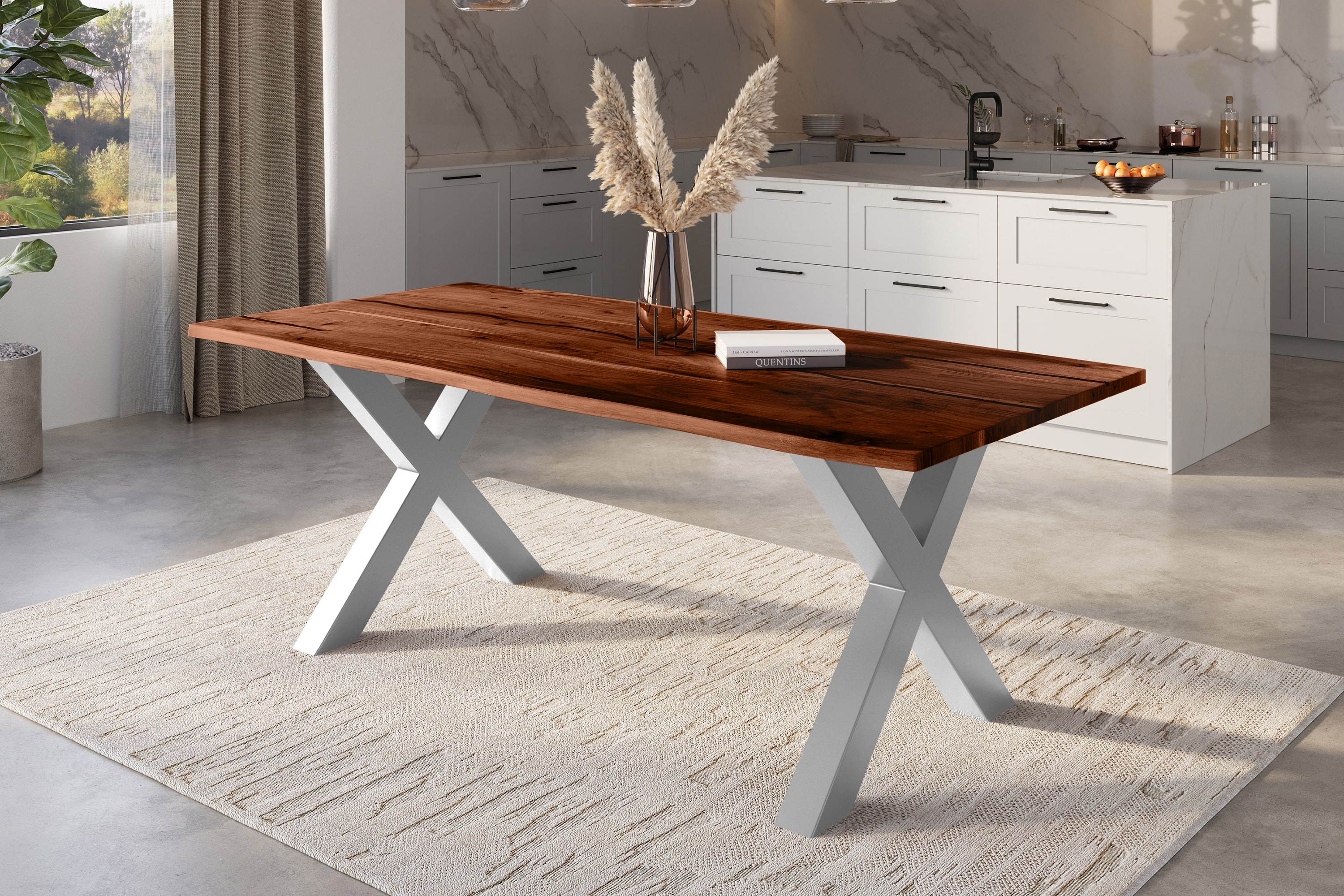 Baumkantentisch POLLY / nussbaumfarben / 240x100 / X-Gestell Schwarz