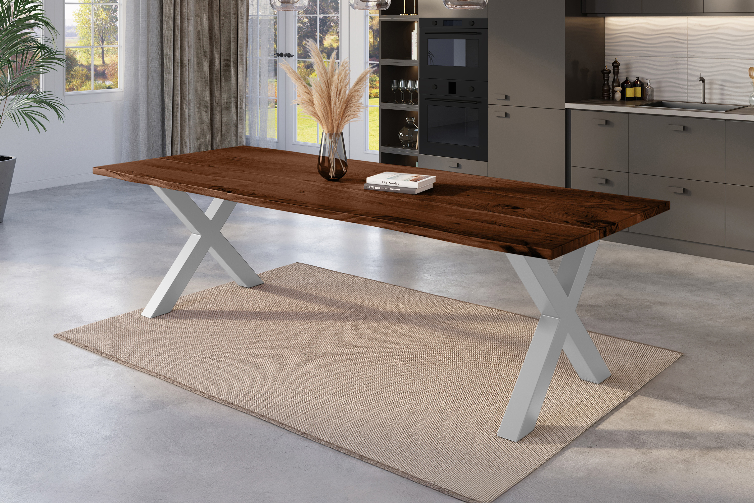 Baumkantentisch NICK / nussbaumfarben / 300x100 / X-Gestell Silber