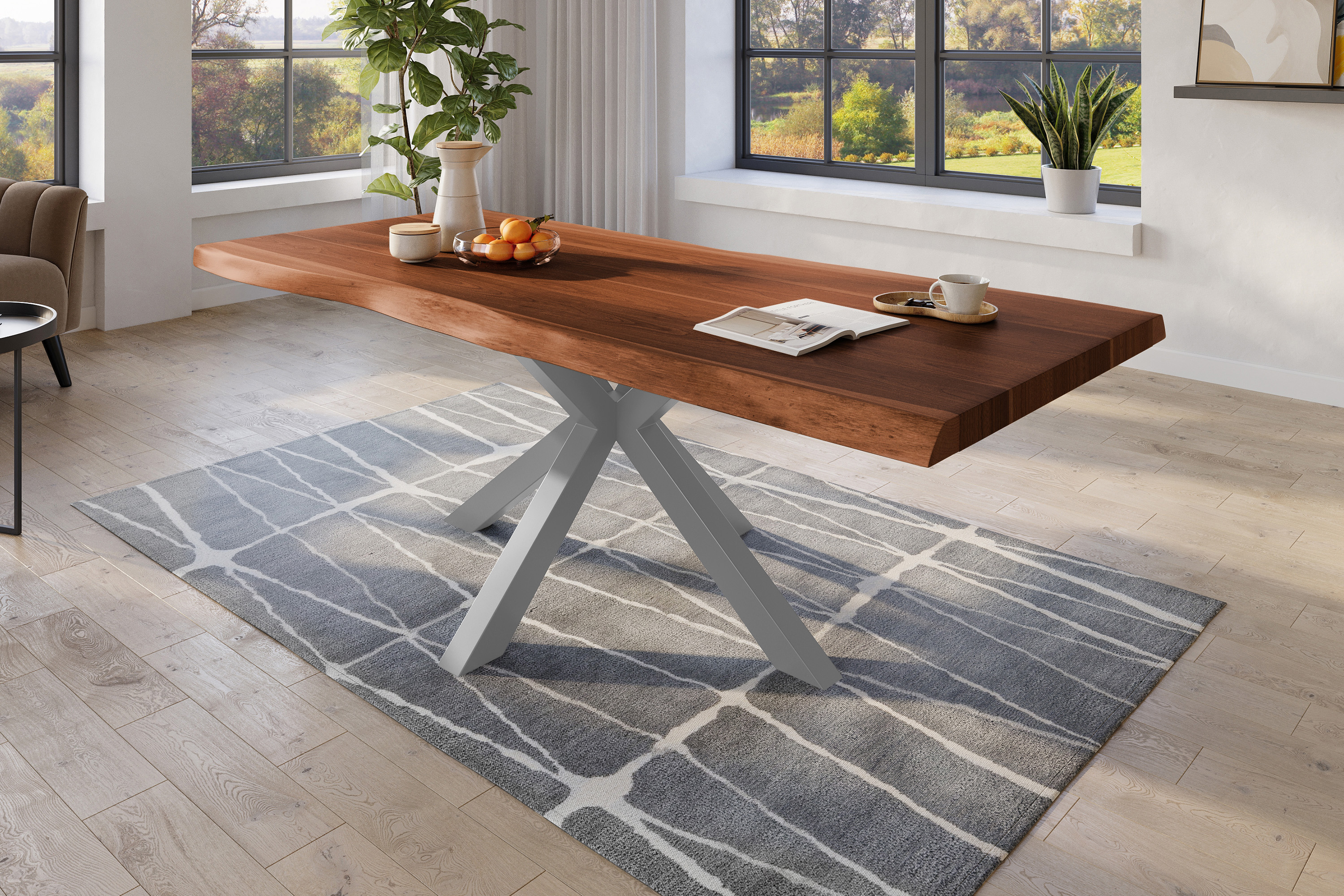 Esstisch Titan / nussbaumfarben / 200x110 / Spider-Gestell Silber