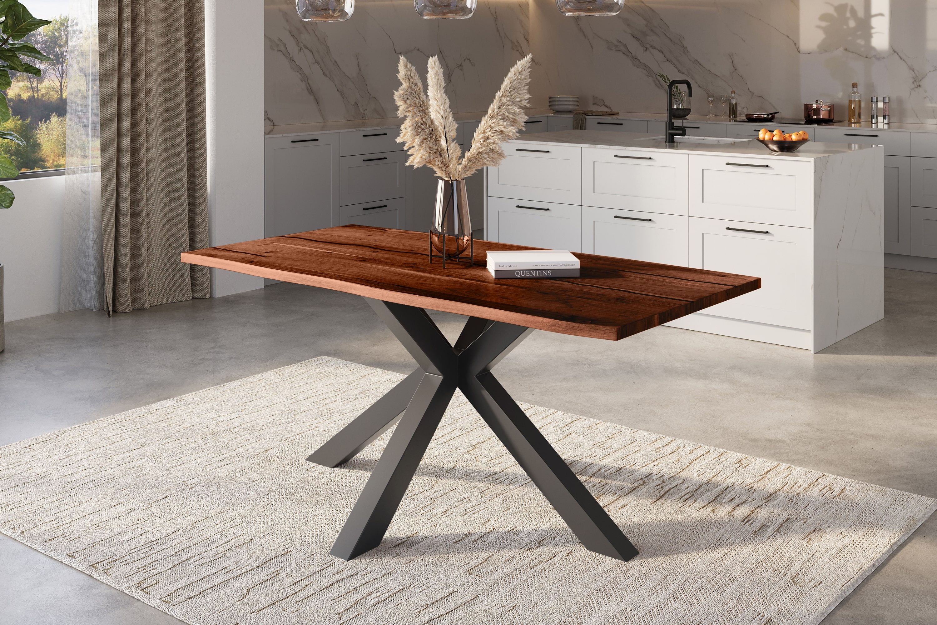 Baumkantentisch POLLY / nussbaumfarben / 160x85 / Spider-Gestell Schwarz