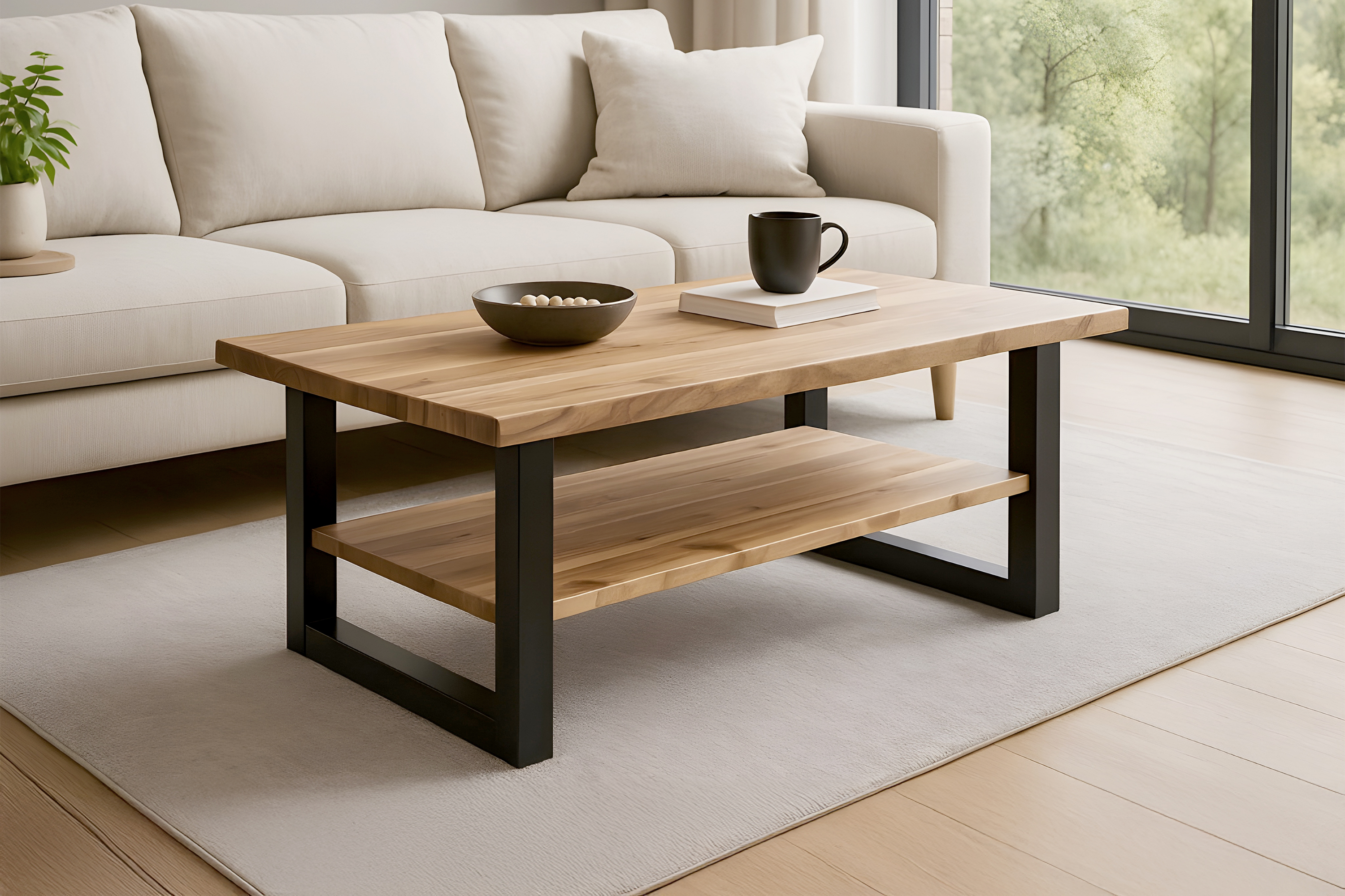 Couchtisch PATRICK / Akazie naturfarben lackiert / 115x65 / U-Gestell Schwarz