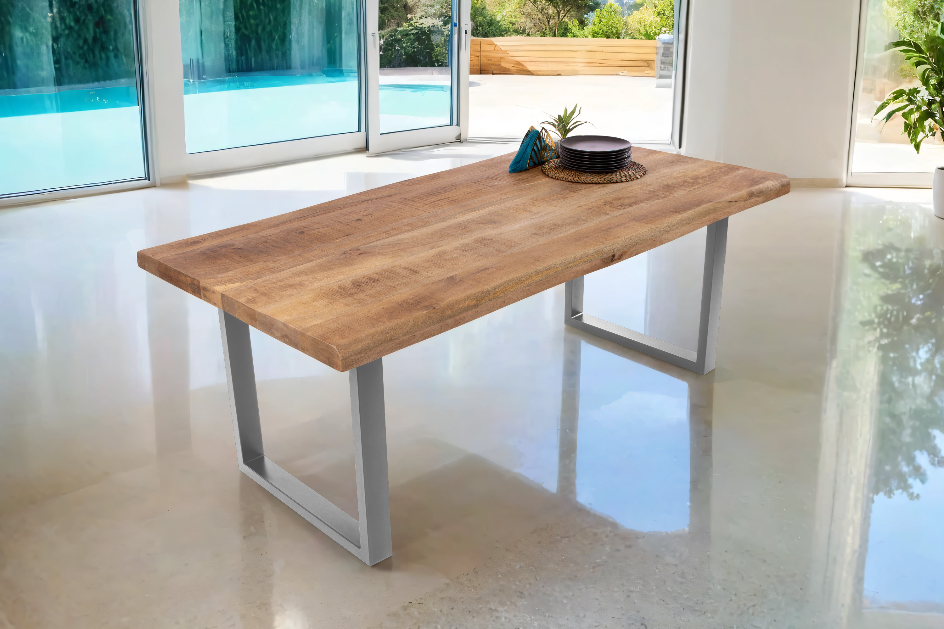 Baumkantentisch CALI B-Ware 220 / Mango roughfarben / 220x100 / U-Gestell Silber