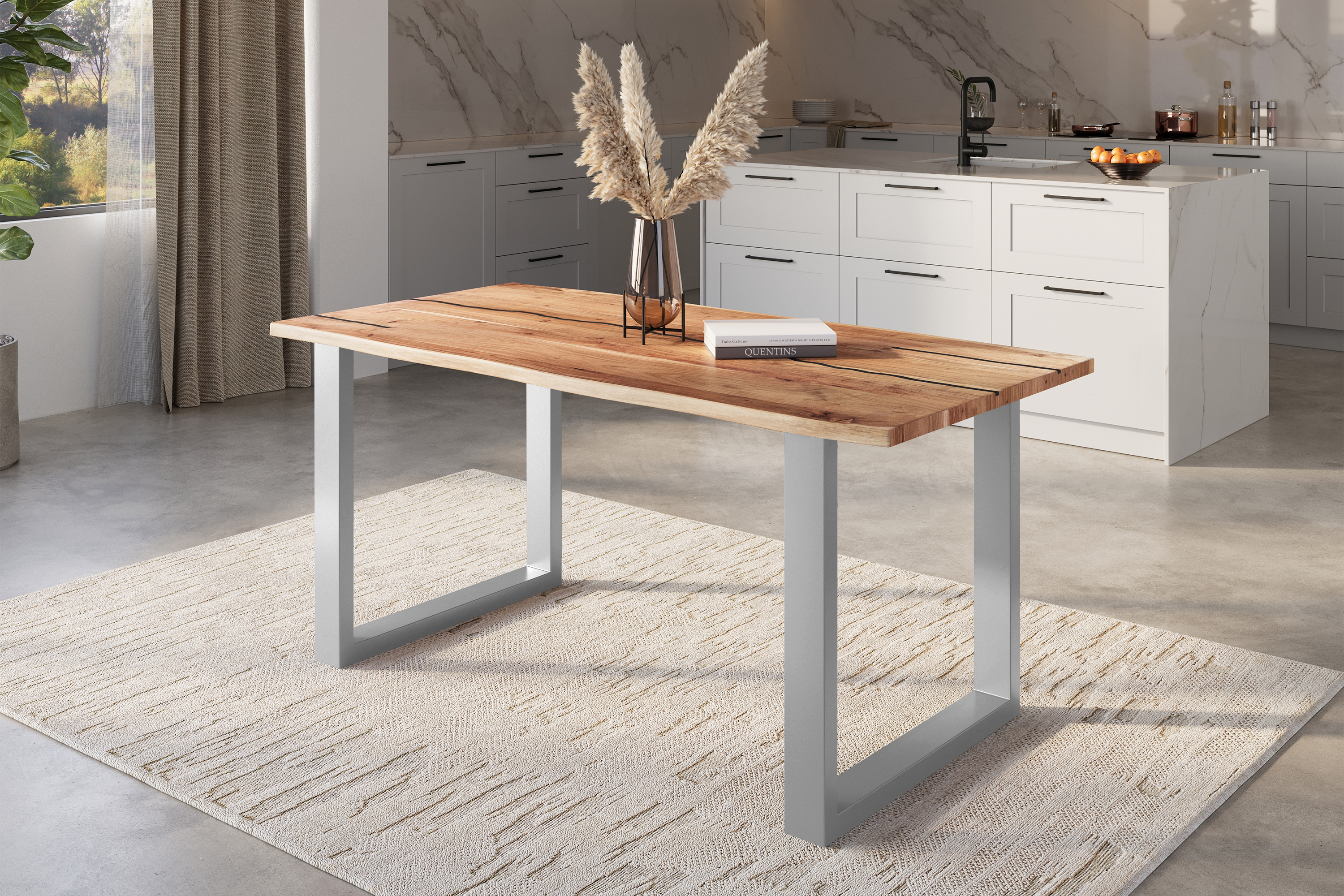 Baumkantentisch POLLY / naturfarben / 180x90 / U-Gestell Silber