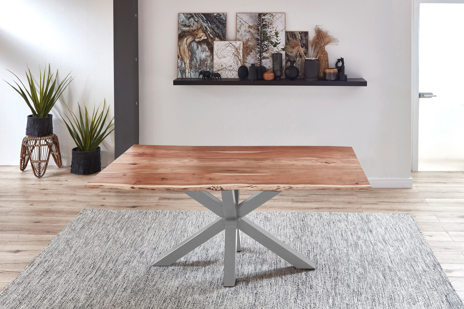 Baumkantentisch QUINCY / naturfarben / 120x80 / Spider-Gestell Silber