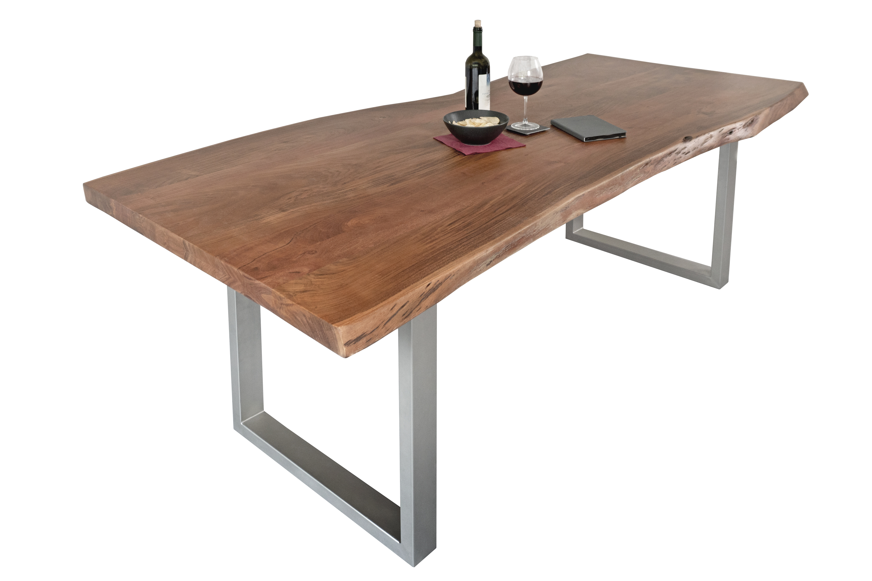 Baumkantentisch CALI B-Ware / Akazie nussbaumfarben / 300x100 / U-Gestell Silber