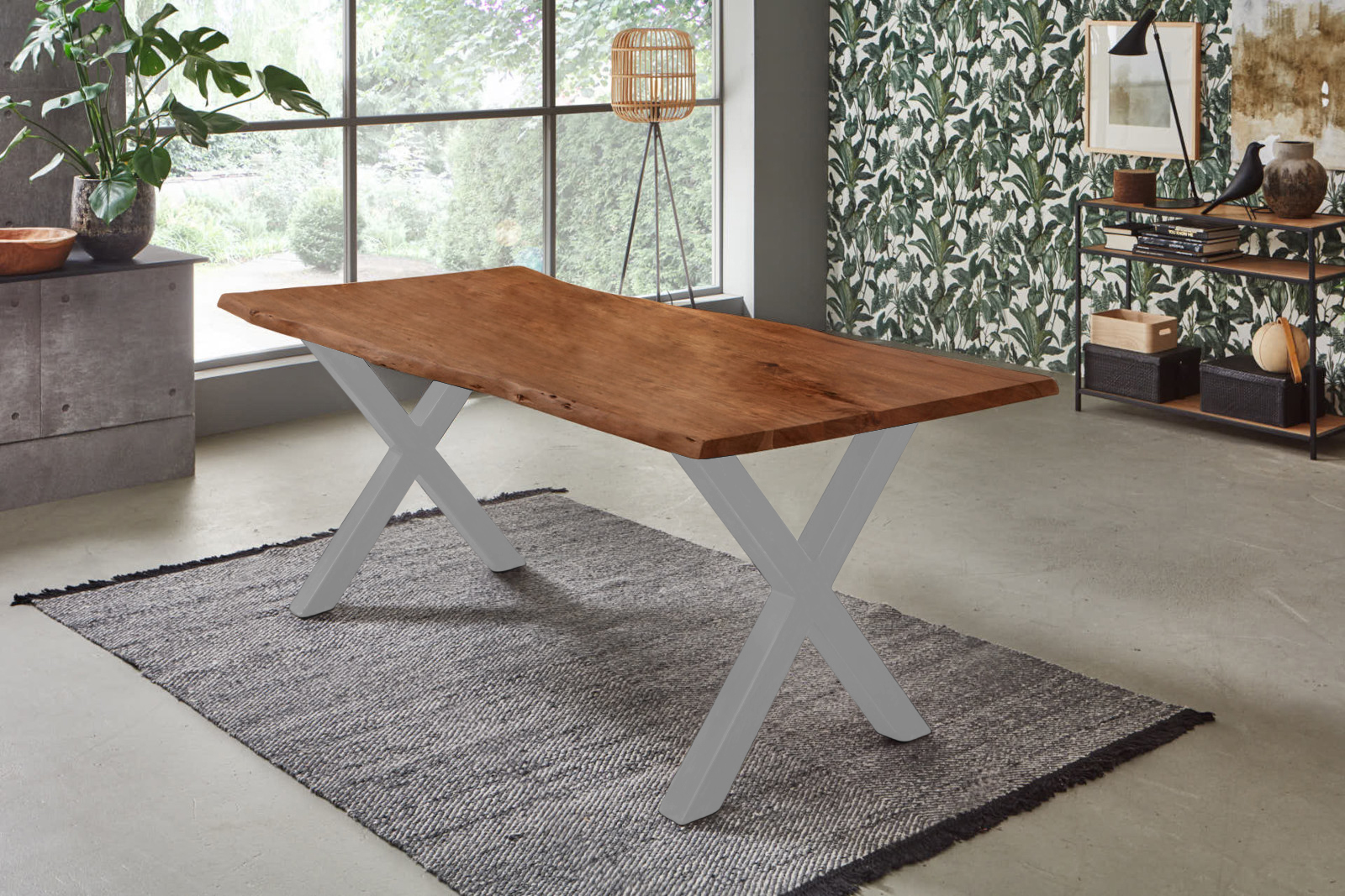 Baumkantentisch FREDERIK / nussbaumfarben / 220x100 / X-Gestell Silber