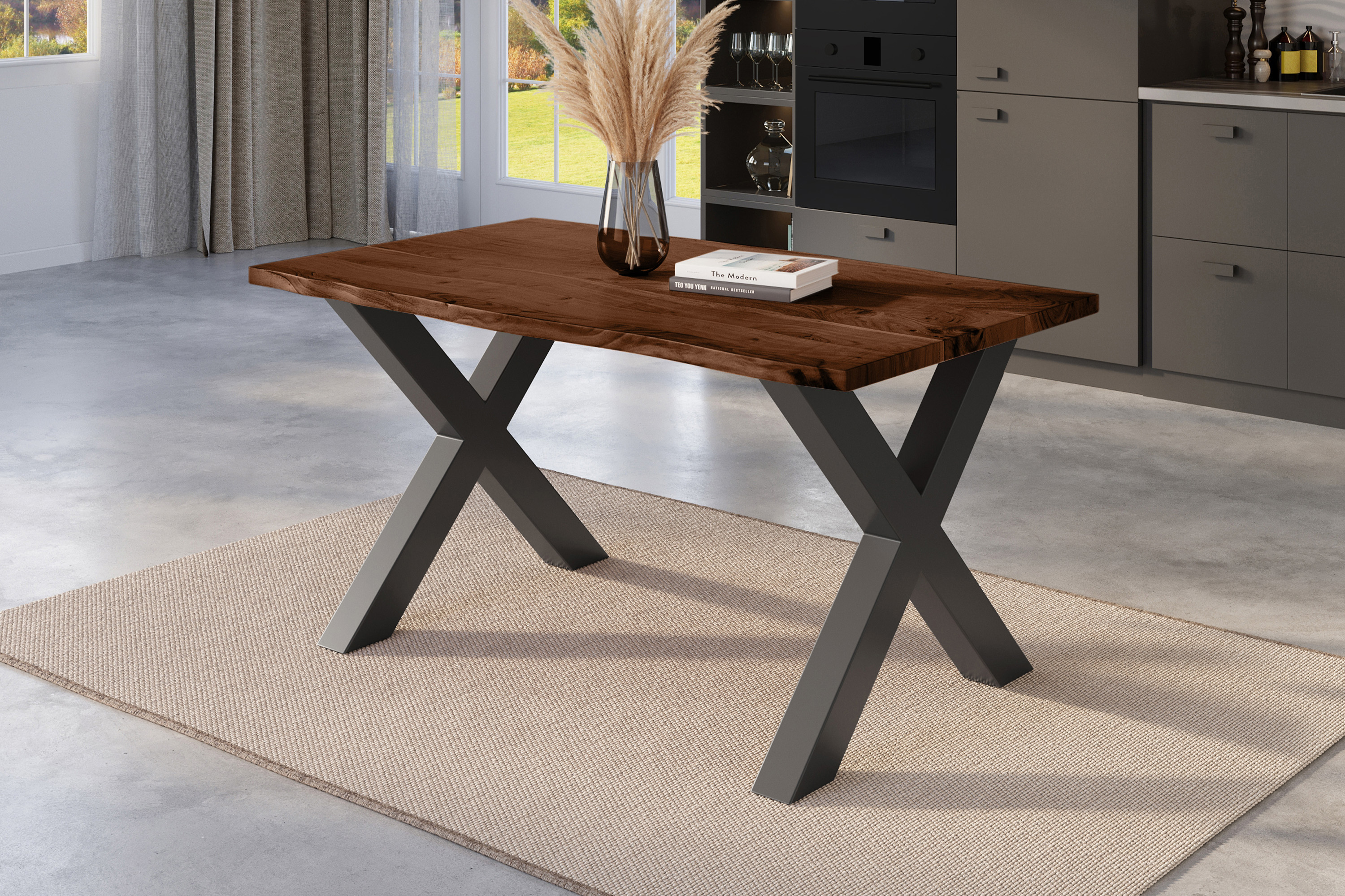 Baumkantentisch NICK / nussbaumfarben / 140x80 / X-Gestell Schwarz