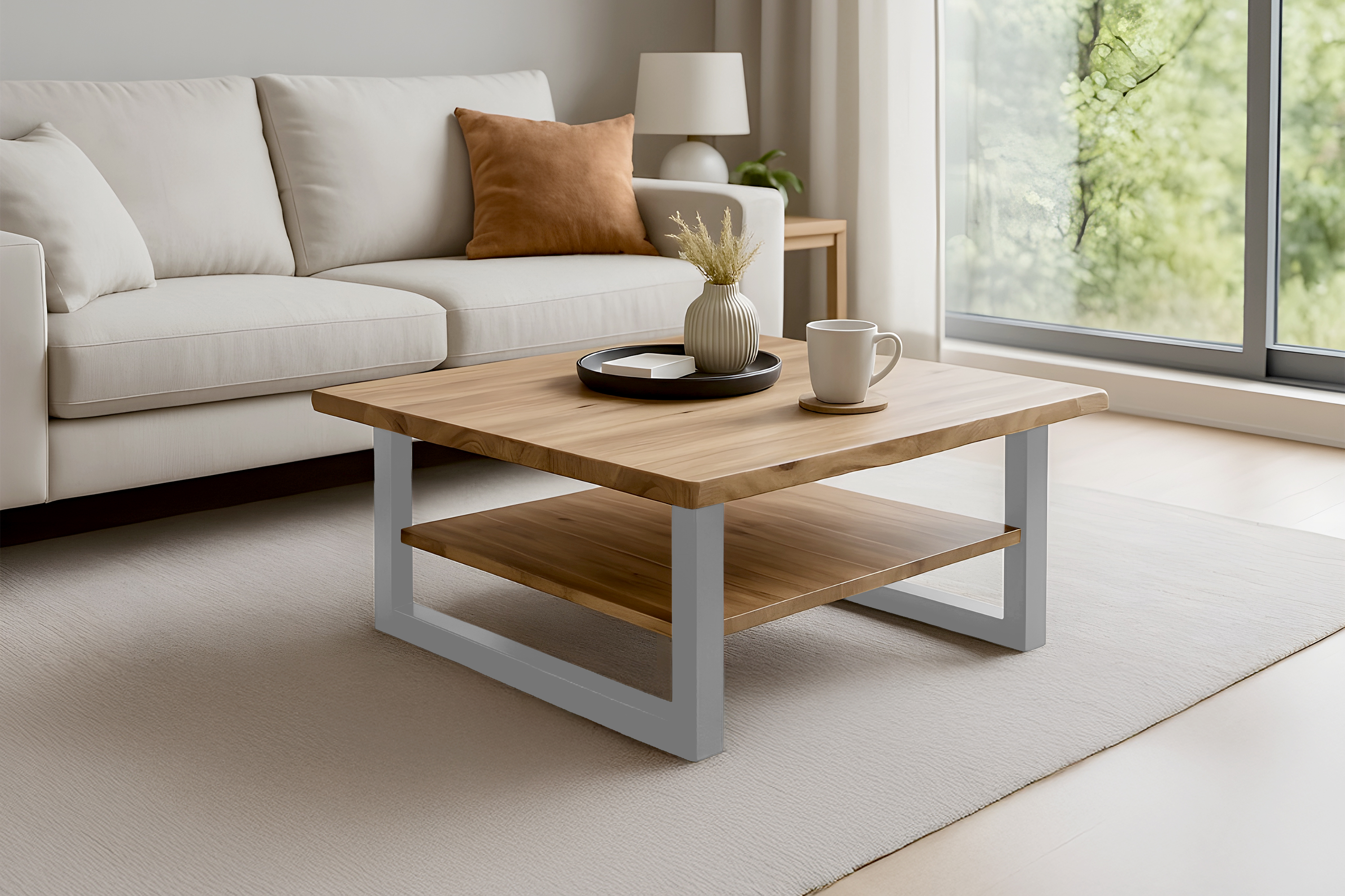 Couchtisch PATRICK / Akazie naturfarben lackiert / 90x90 / U-Gestell Silber