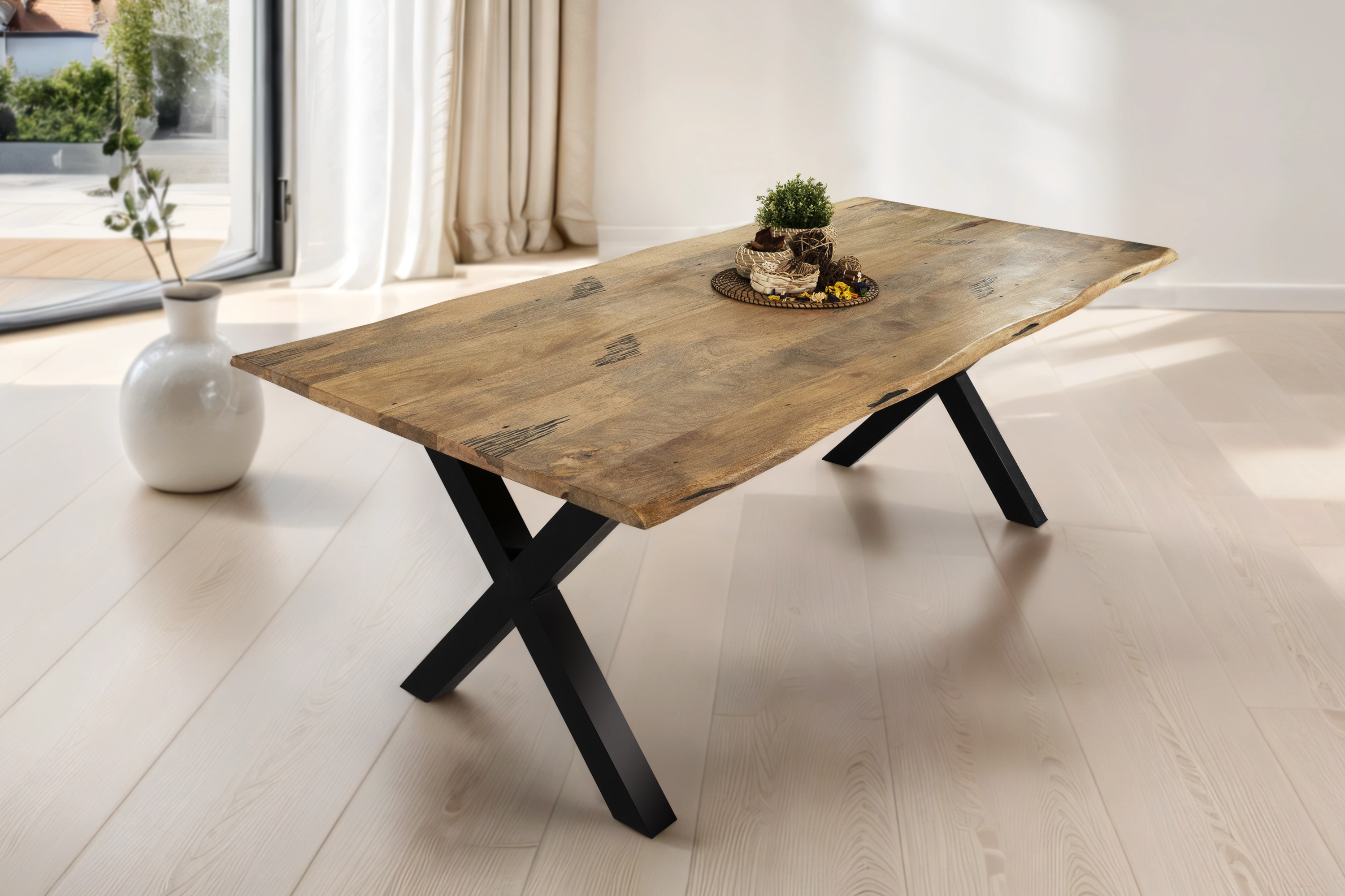 Baumkantentisch TIGER / 240x100 / X-Gestell Schwarz