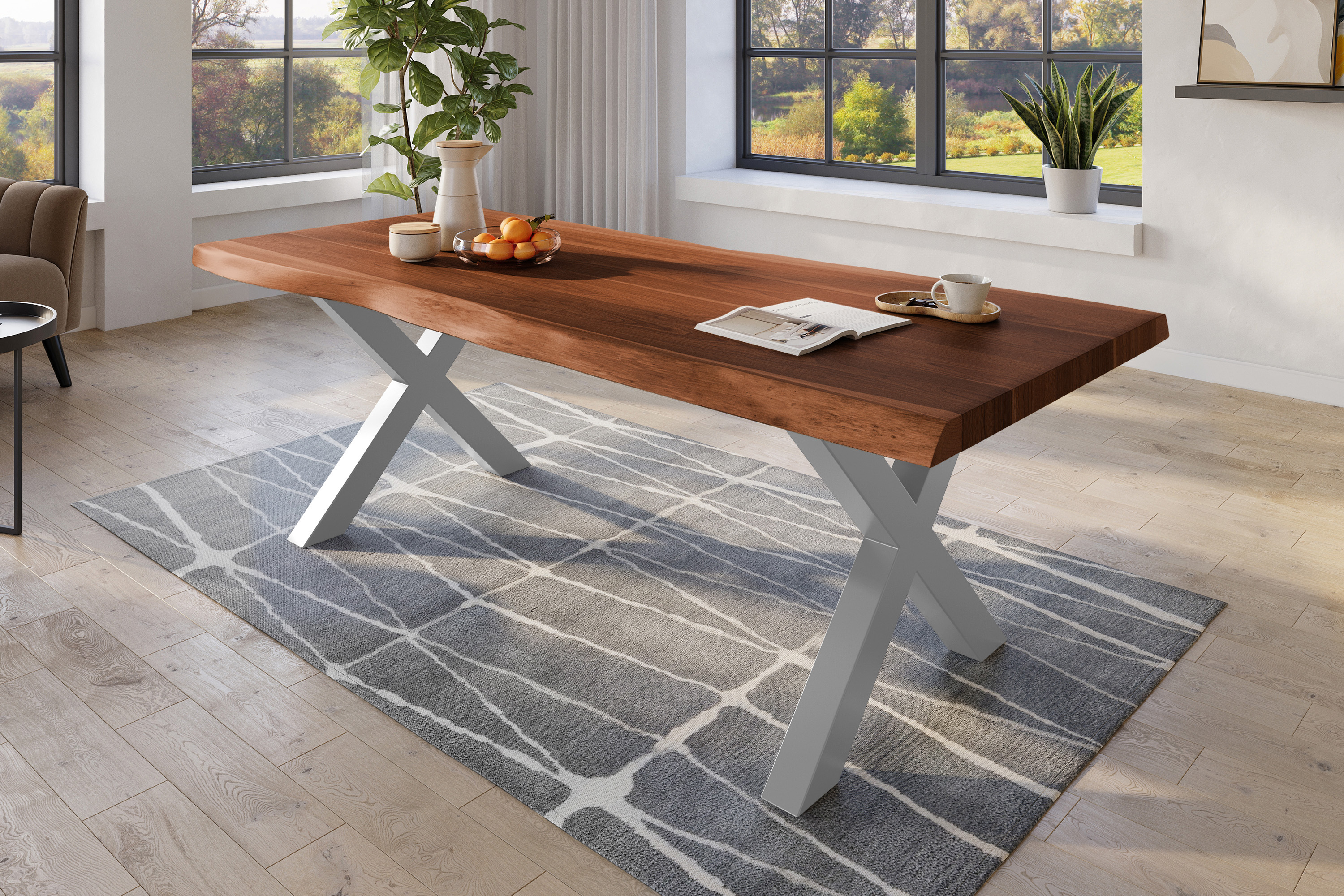 Esstisch Titan XL / nussbaumfarben / 240x120 / X-Gestell Silber