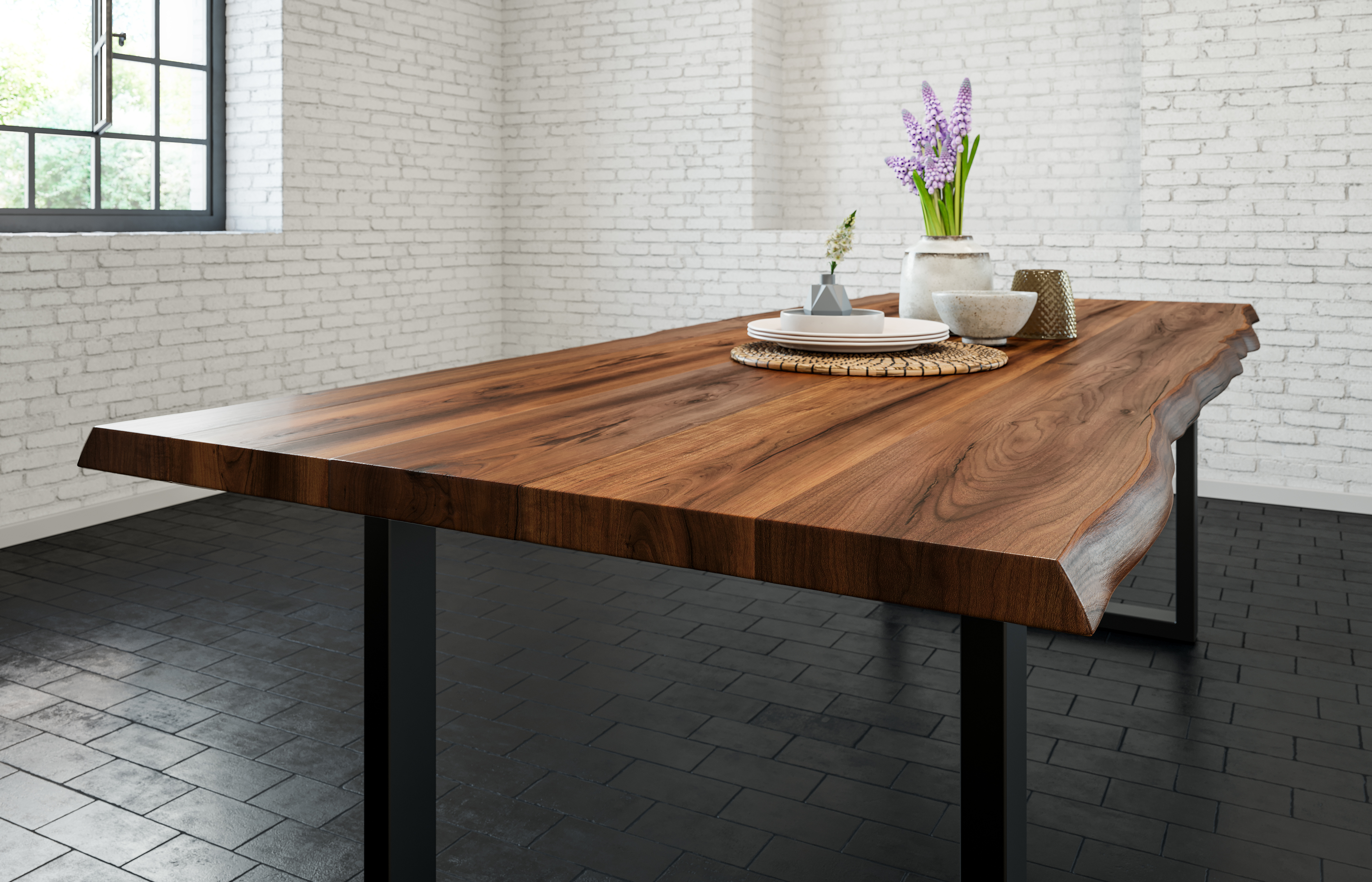 Baumkantentisch LIAM / nussbaumfarben / 120x80 / U-Gestell Schwarz