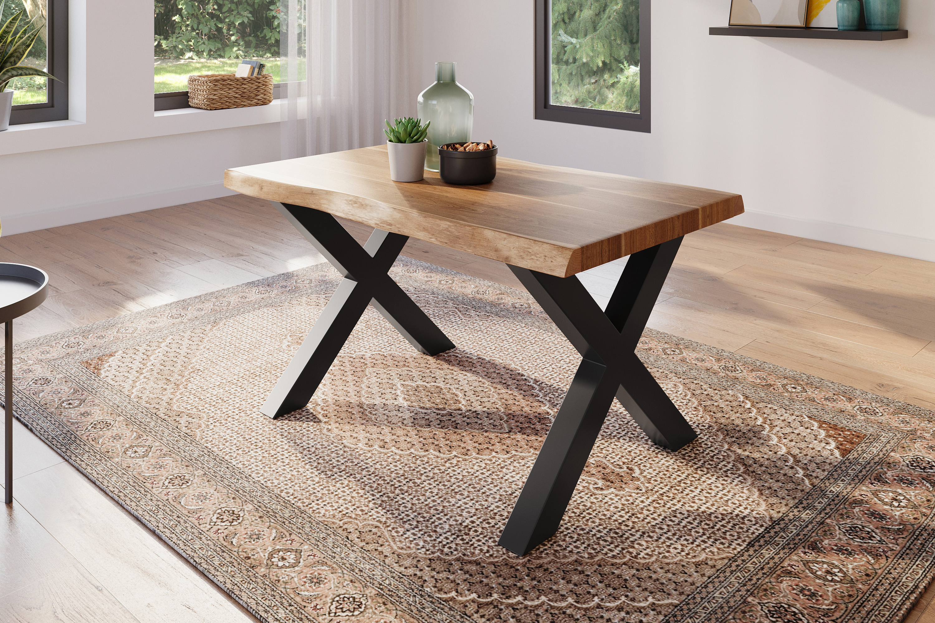 Baumkantentisch ATLAS / Akazie naturfarben / 140x80 / X-Gestell Schwarz