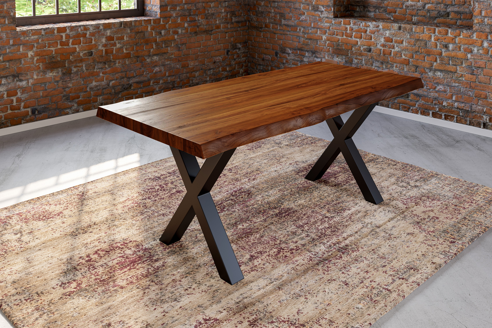 Baumkantentisch XEREZ / nussbaumfarben / 240x100 / X-Gestell Schwarz