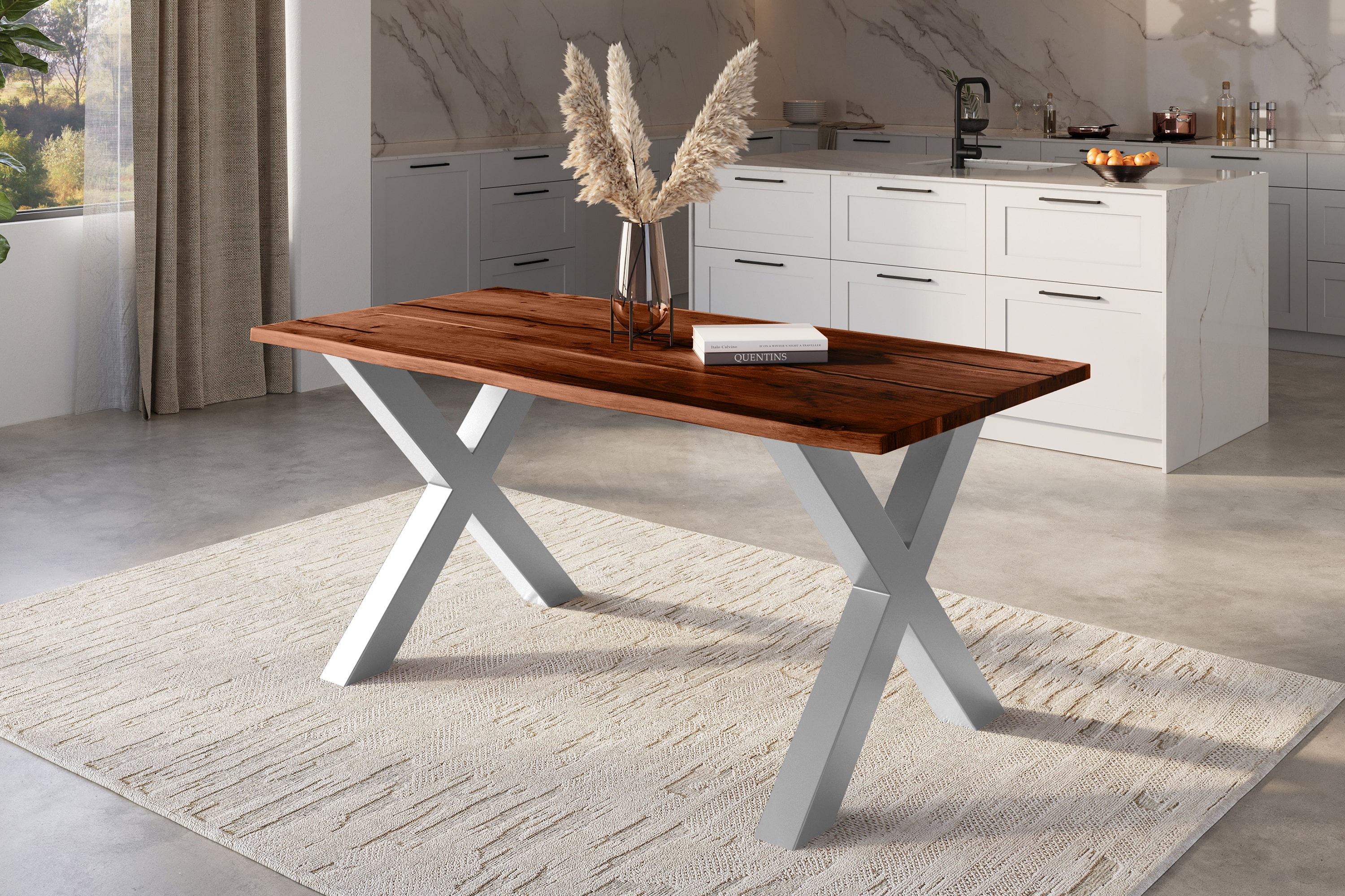 Baumkantentisch POLLY / nussbaumfarben / 160x85 / X-Gestell Silber