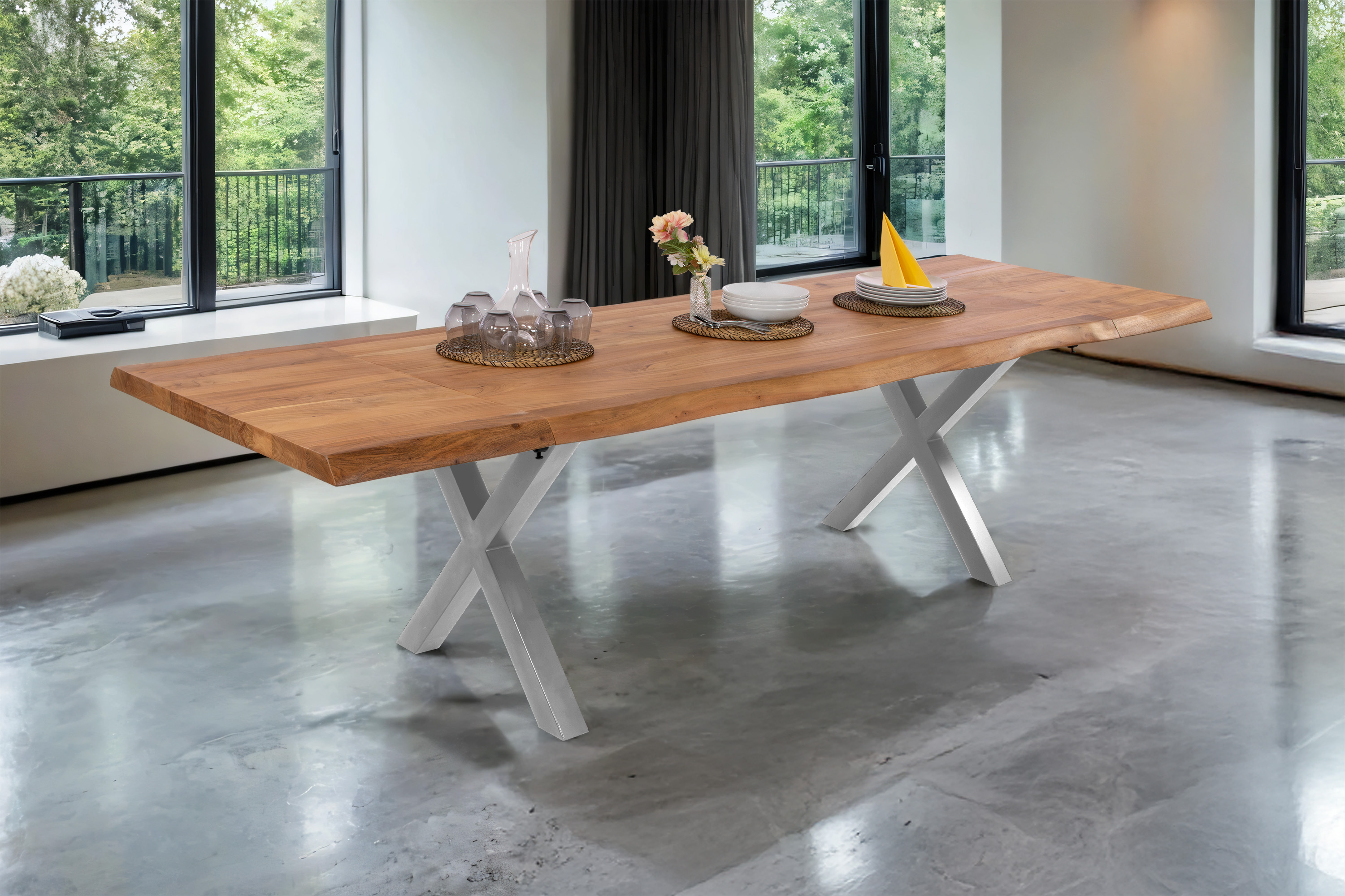 Esstisch-erweiterbar Cali XL / naturfarben / 140(220)x90 / X-Gestell Silber
