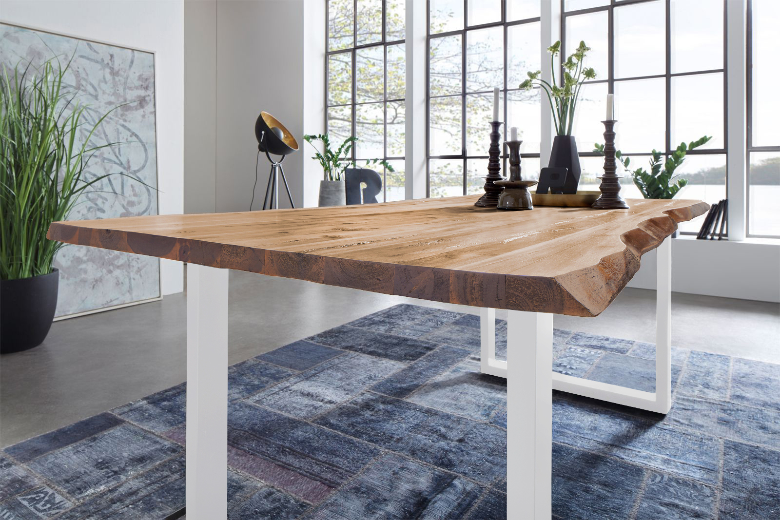 Baumkantentisch NOAH / eichenfarben / 260x100 / U-Gestell Weiß