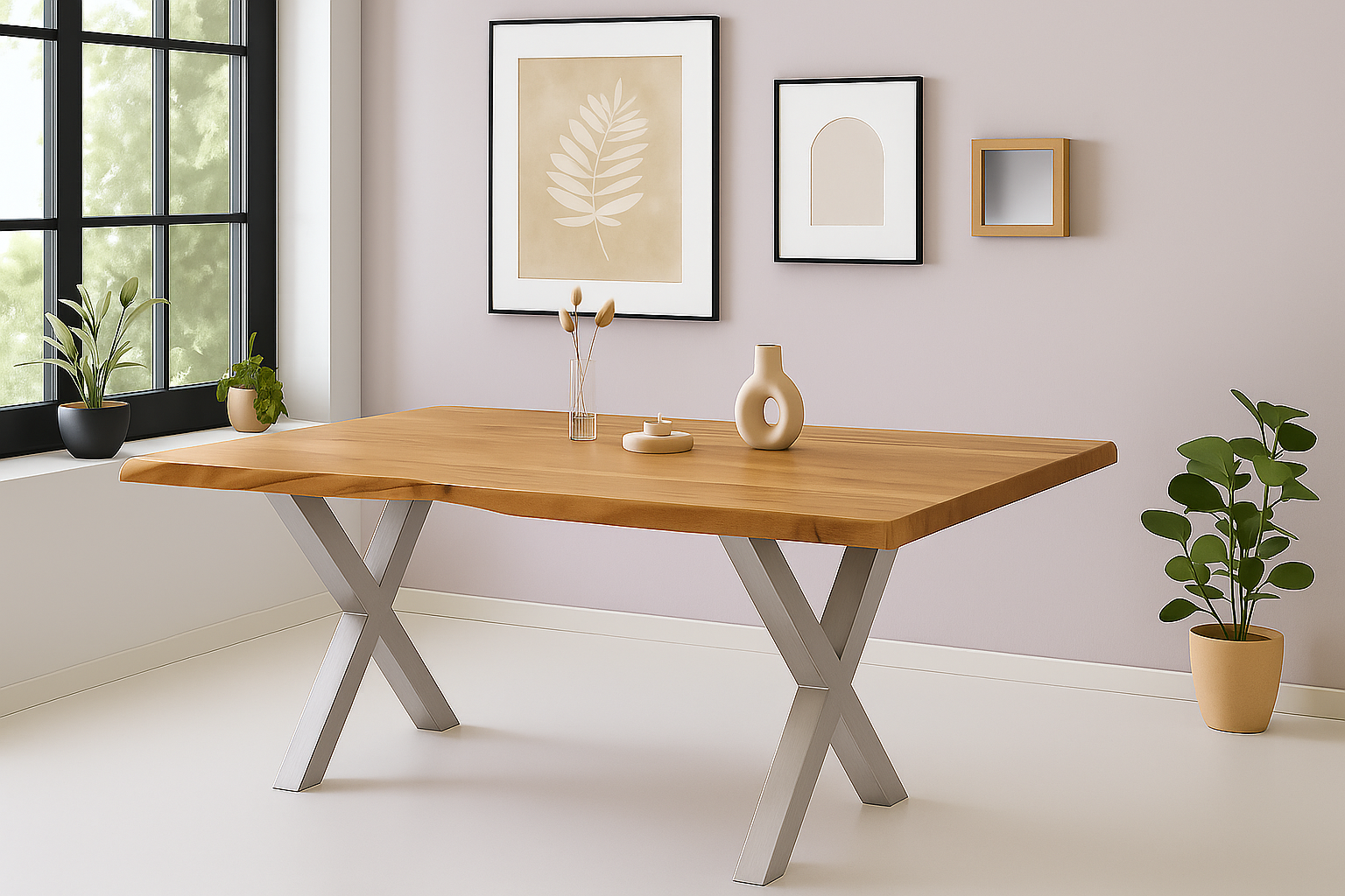 Baumkantentisch CALI / naturfarben / 200x100 / X-Gestell Silber