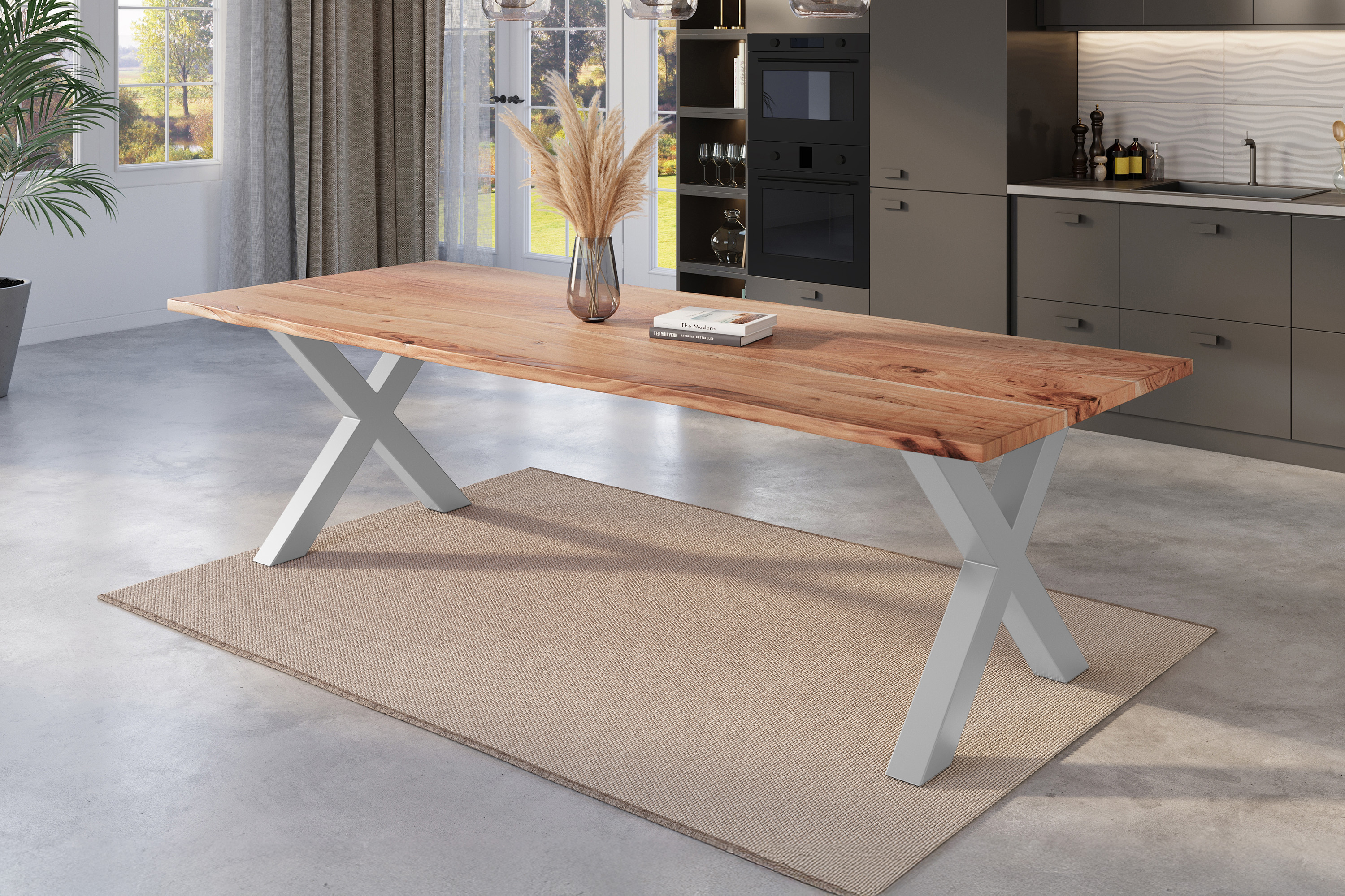 Baumkantentisch NICK / naturfarben / 300x100 / X-Gestell Silber