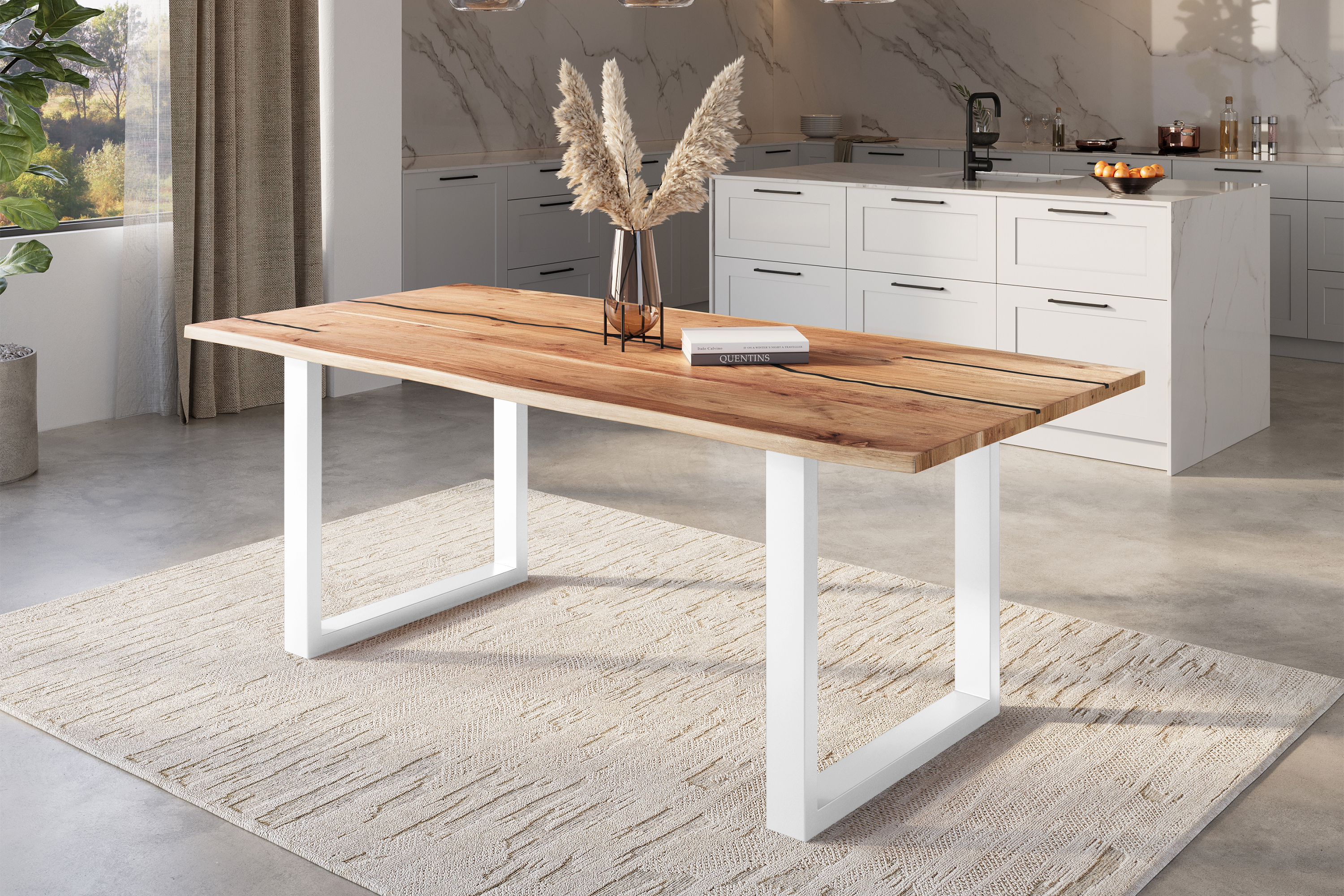 Baumkantentisch POLLY / naturfarben / 220x100 / U-Gestell Weiß