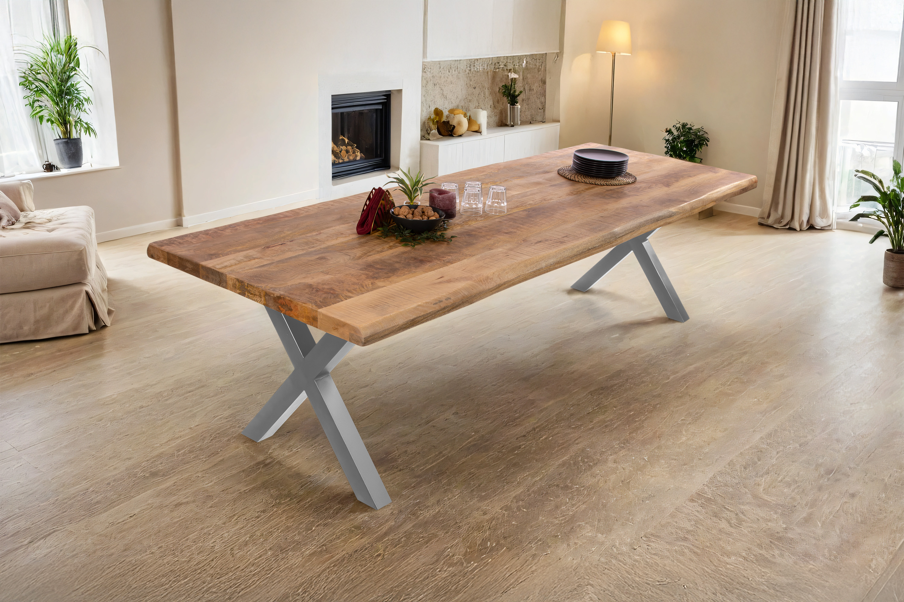 Baumkantentisch CALI Mango / roughfarben / 240x100 / X-Gestell Silber