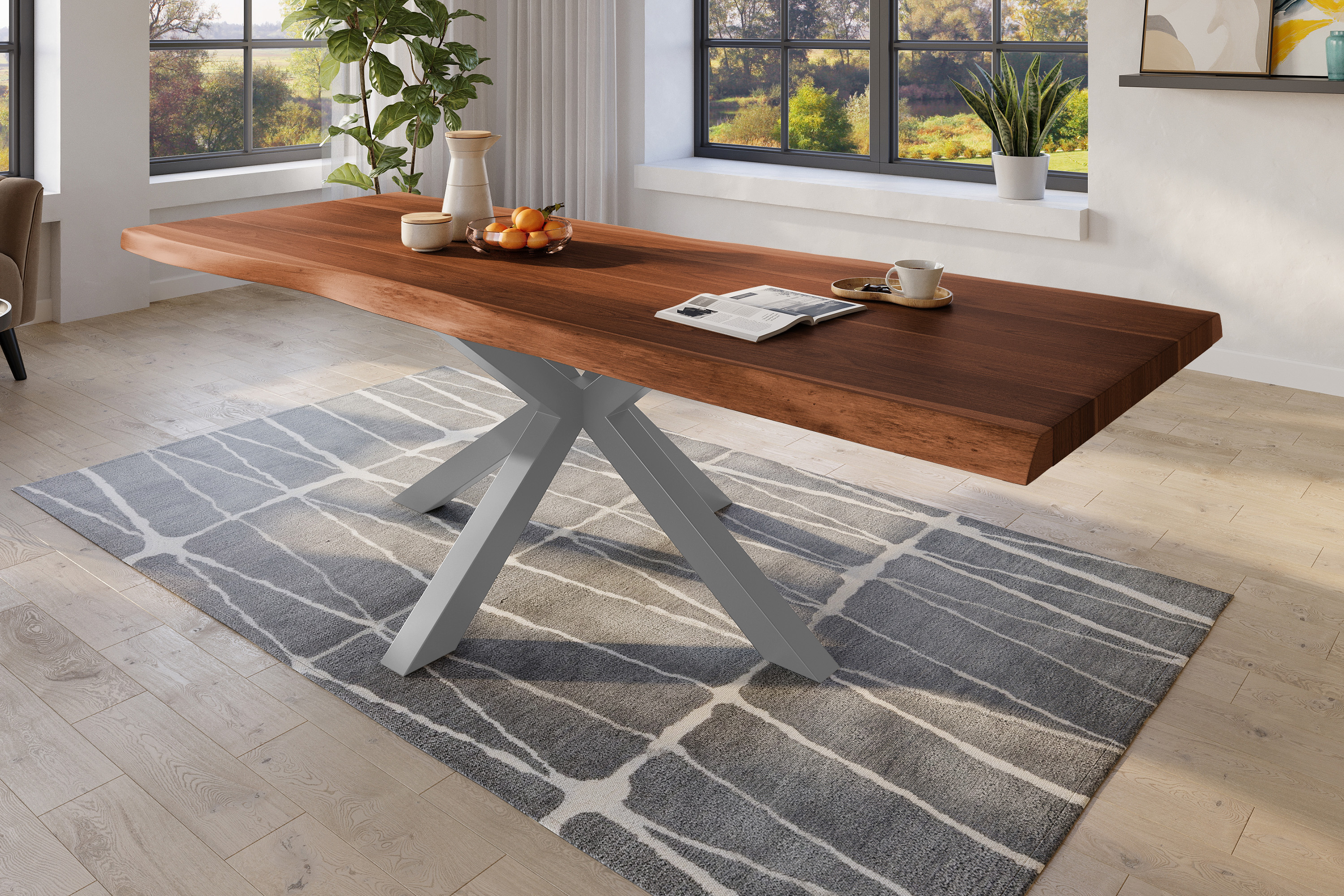 Esstisch Titan / nussbaumfarben / 280x110 / Spider-Gestell Silber