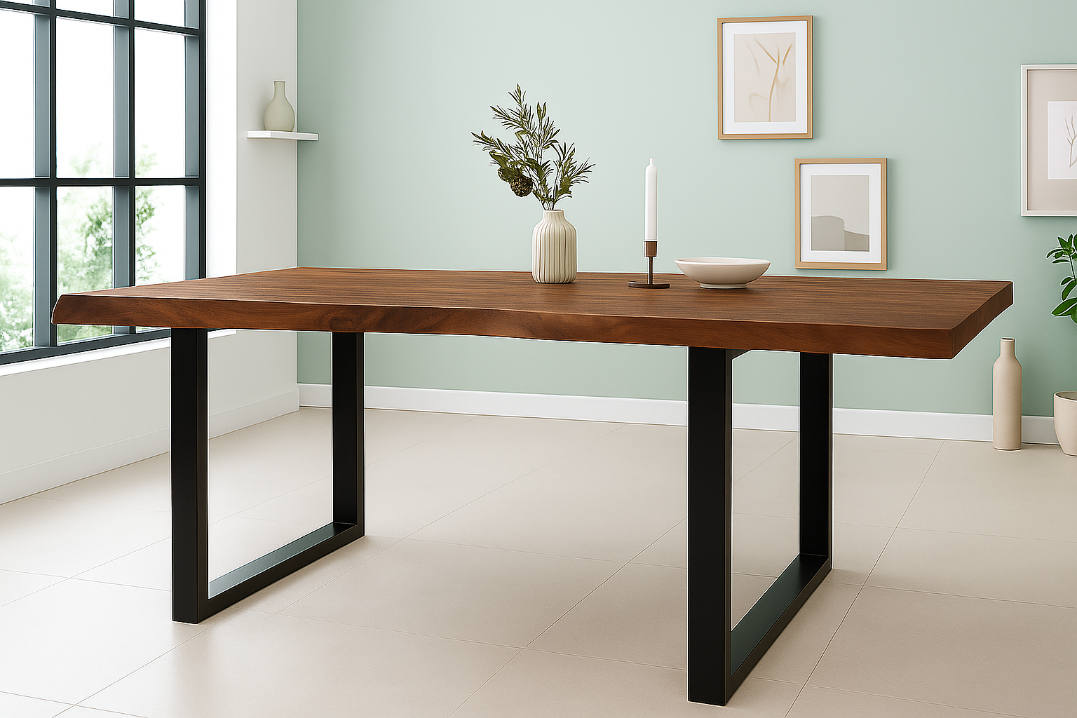 Baumkantentisch CALISTA / nussbaumfarben / 300x110 / U-Gestell Schwarz