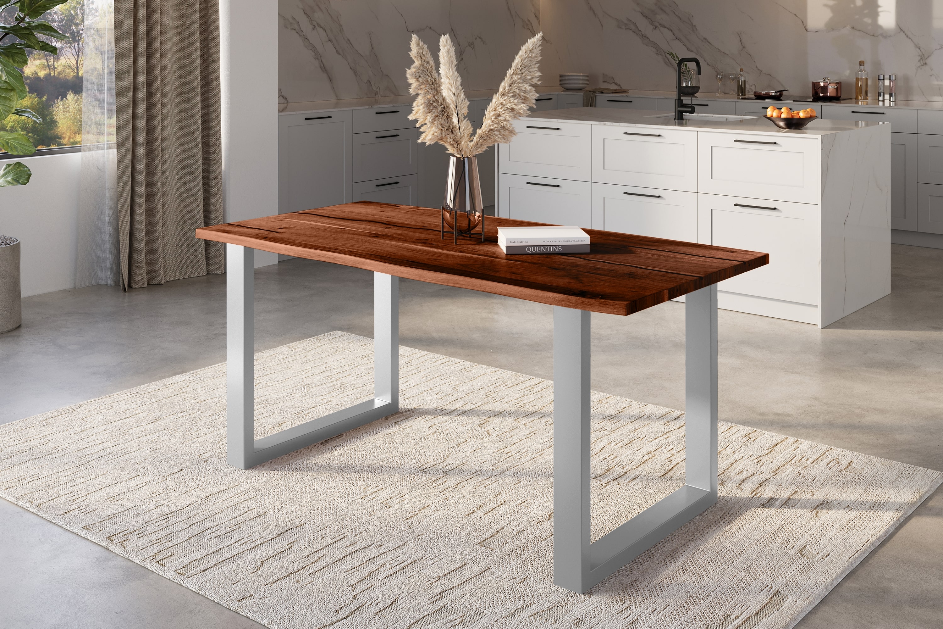 Baumkantentisch POLLY / nussbaumfarben / 160x85 / U-Gestell Silber