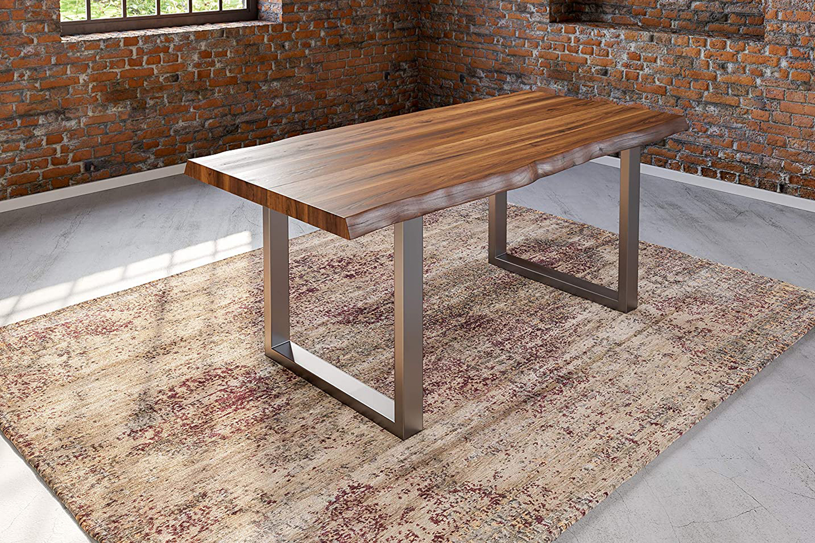 Baumkantentisch UTRECHT / nussbaumfarben / 200x100 / U-Gestell Silber