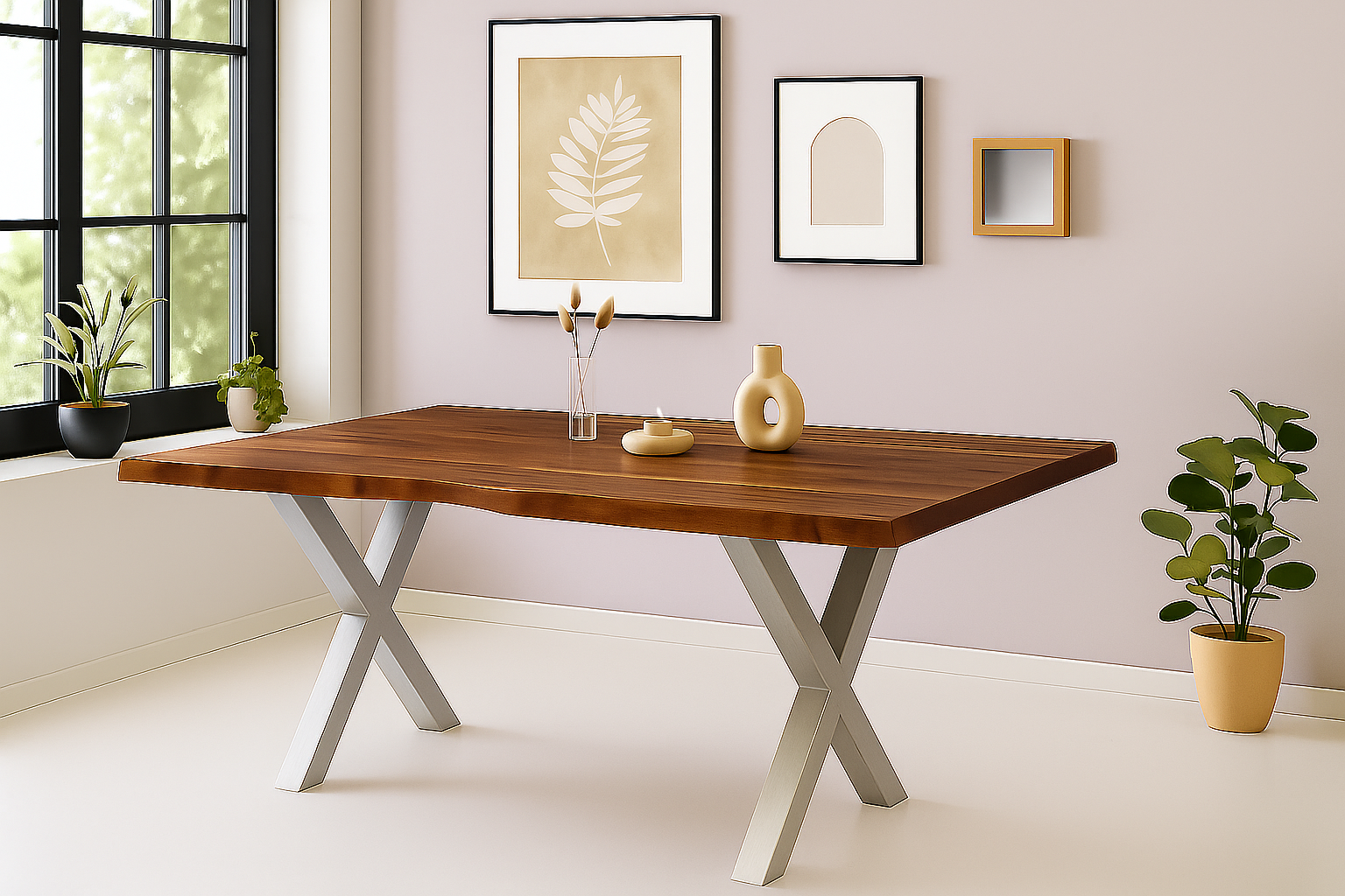 Baumkantentisch CALI / nussbaumfarben / 240x100 / X-Gestell Silber