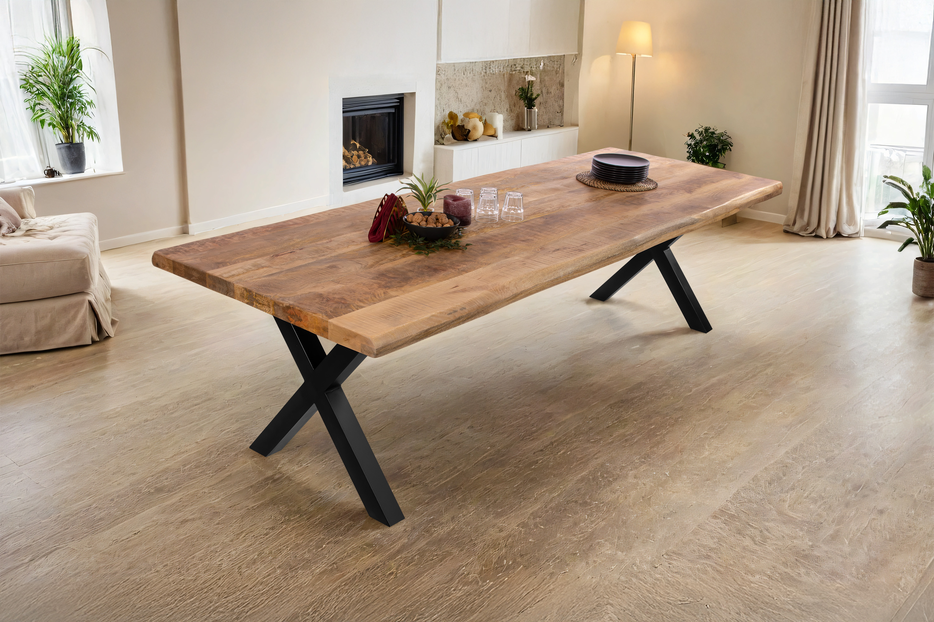 Baumkantentisch CALI Mango / roughfarben / 300x100 / X-Gestell Schwarz