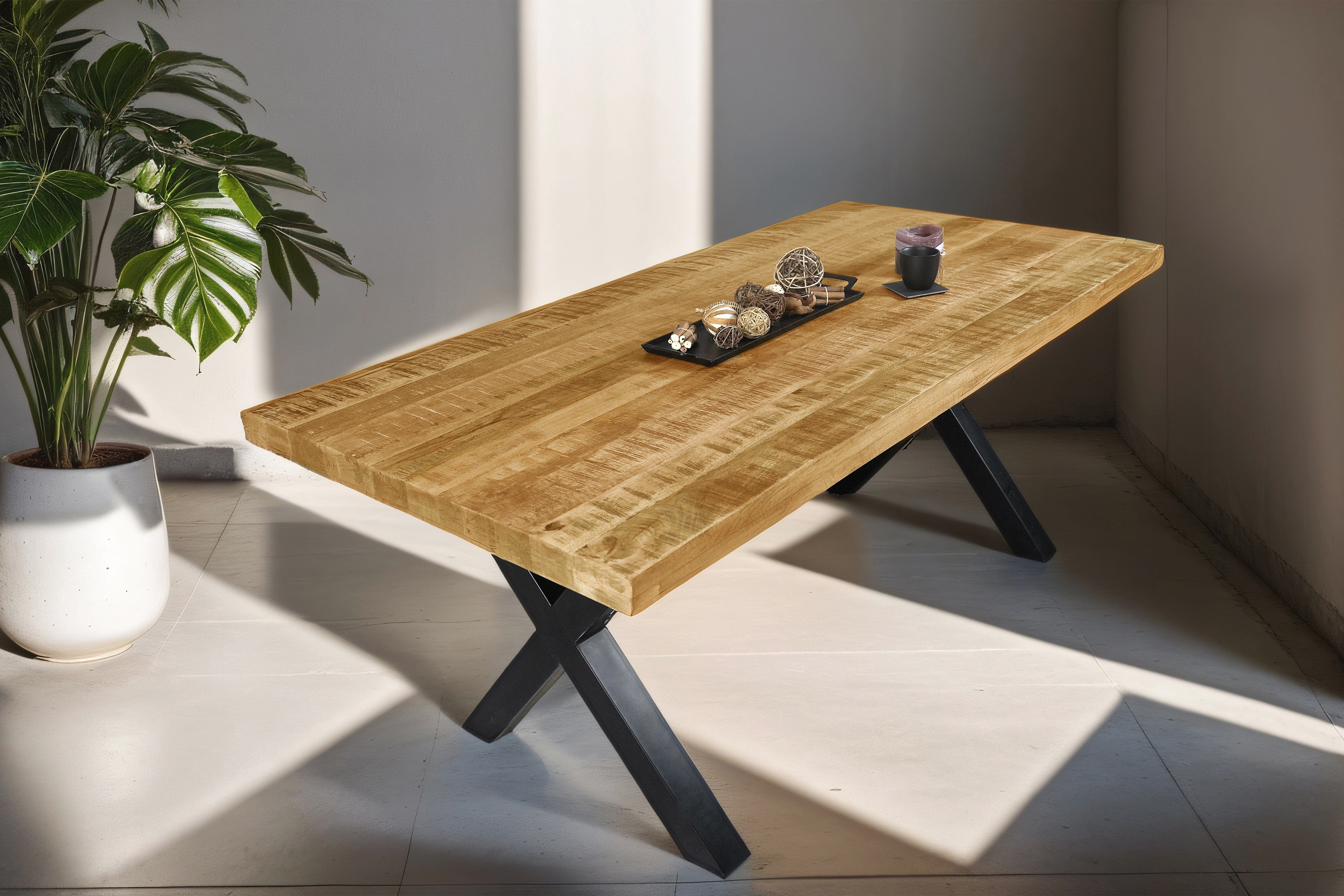 Esstisch LIBRO / roughfarben / 180x90 / X-Gestell Schwarz