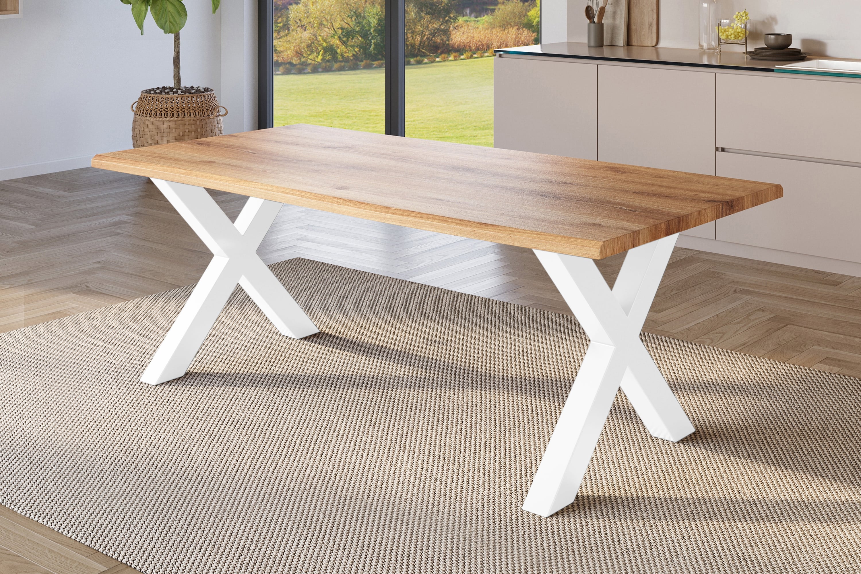 Esstisch Julius / Holz Wildeiche-Optik / 240x100 / X-Gestell Weiß