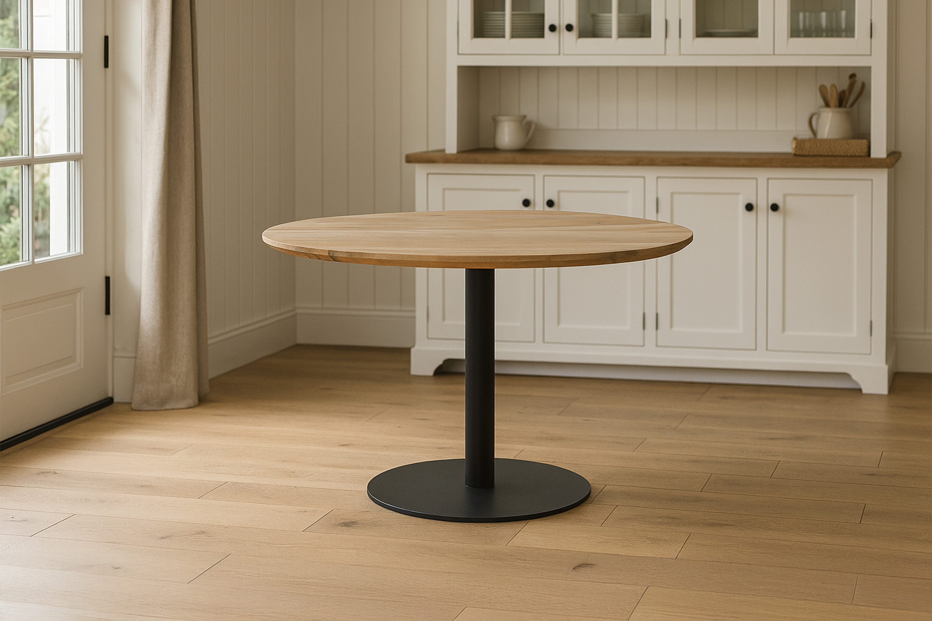 Bistrotisch BRASILIAN / Akazie naturfarben / 120x120 / Säulen-Gestell rund Schwarz